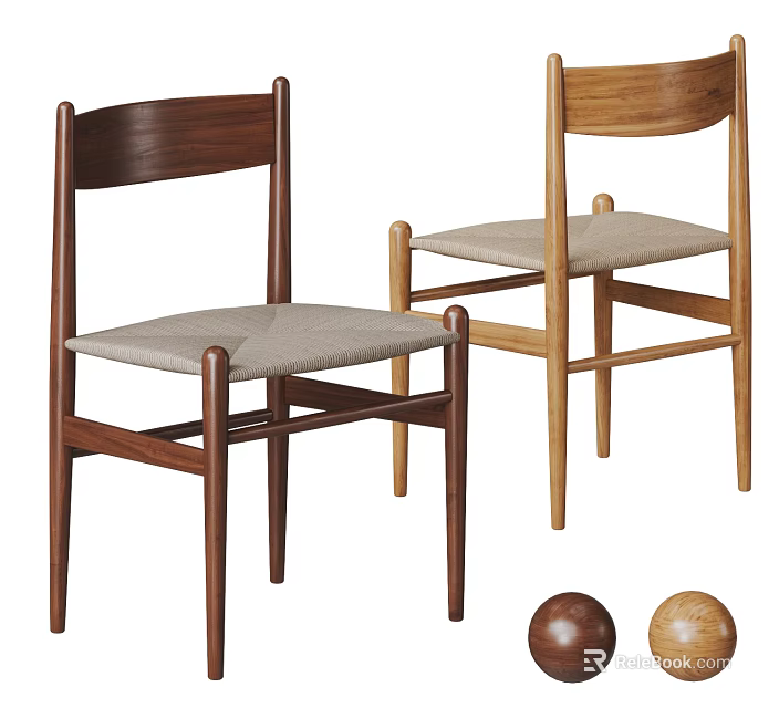 Wooden Dining Chairs With Curved Backrests And Fabric Seats In Different Tones 3d model 