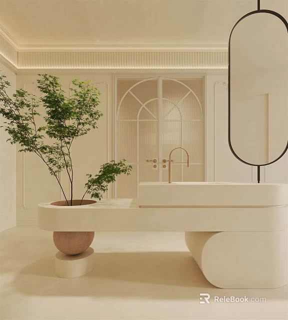 Modern White Curved Washbasin Interior With Green Plant And Round Mirror 3d model 
