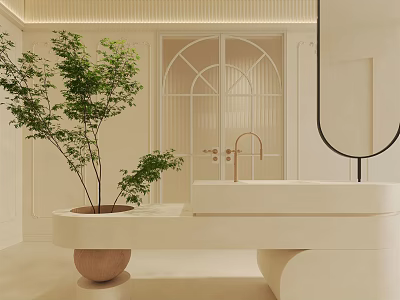 Modern White Curved Washbasin Interior With Green Plant And Round Mirror 3d model
