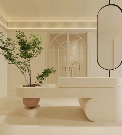 Modern White Curved Washbasin Interior With Green Plant And Round Mirror 3d model