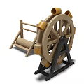 Decorative Garden Ornament Featuring Wooden Water Wheel With Yellow Rims Black Stand And Adjacent Structure