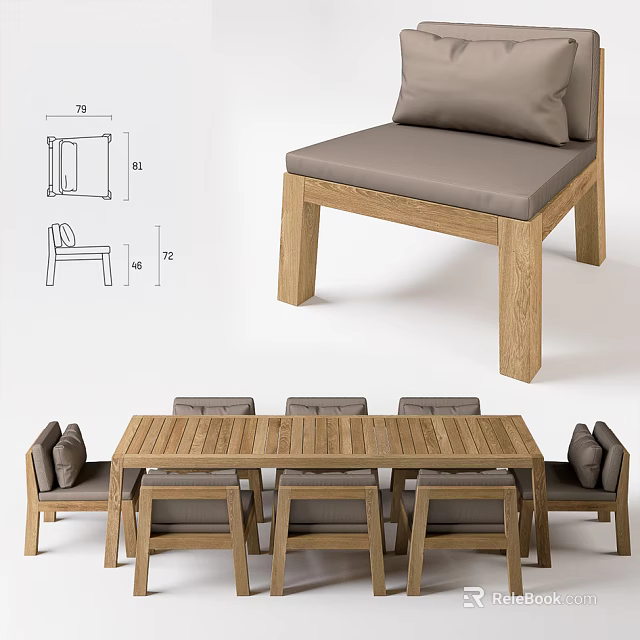 Wooden Dining Table Set With Gray Cushioned Seats And Design Details Shown 3d model 