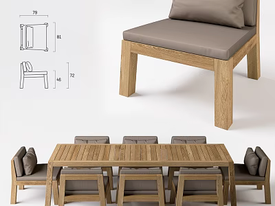Wooden Dining Table Set With Gray Cushioned Seats And Design Details Shown 3d model