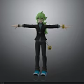 Green-haired Character Wearing Black Outfit Blue Shoes Golden Bracelets and Yellow Creature Pendant Arms Outstretched