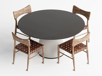 Round Black Tabletop Dining Table Set With Wooden Chairs And Woven Seats White Pedestal Base 3d model
