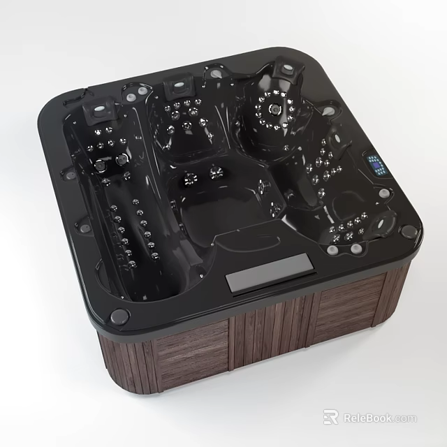 Luxury Black Spa Bathtub With Wooden Frame And Massage Jets Control Panel 3d model 