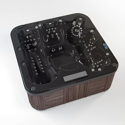 Luxury Black Spa Bathtub With Wooden Frame And Massage Jets Control Panel 3d model