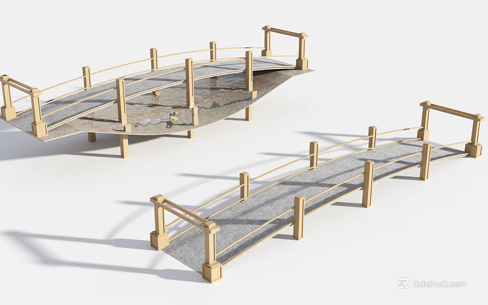 Two Modern Bridges With Golden Railings Gray Deck And Modern Design Structure 3d model 