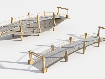 Two Modern Bridges With Golden Railings Gray Deck And Modern Design Structure 3d model