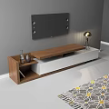 Modern TV Stand With Wooden And White Design Under Wall Mounted TV And Table Lamp