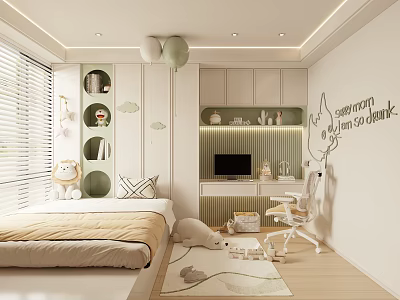 Tatami Bedroom Interior With Modern Minimalist Style Green Circular Shelves Desk Chair And Wall Decor 3d model