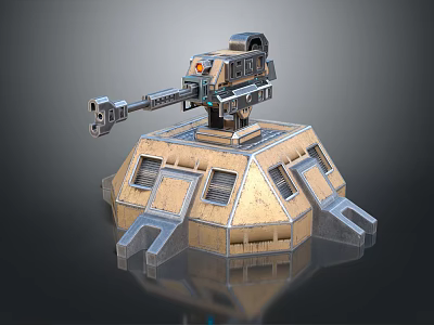 Mechanical Turret Defense Unit with Polyhedral Base Ventilation Ports and Orange Indicator Lights 3d model