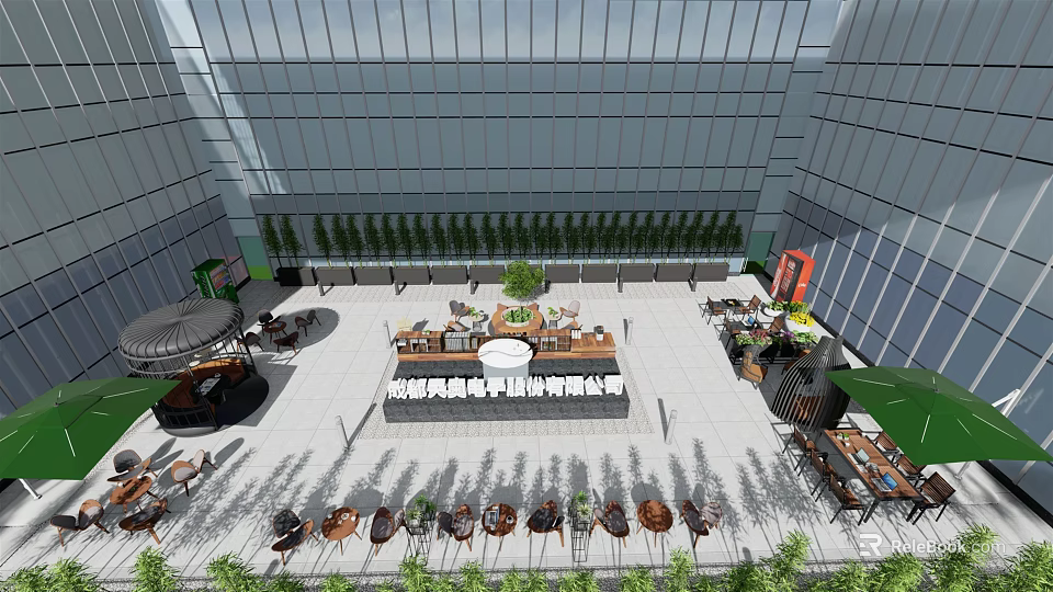 Modern Outdoor Lounge Area With Glass Curtain Walls Tables Chairs And Green Plants 3d model 