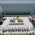 Modern Outdoor Lounge Area With Glass Curtain Walls Tables Chairs And Green Plants