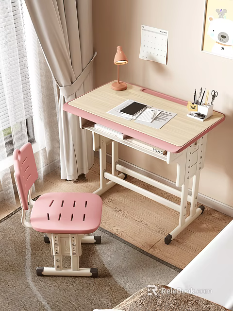 Adjustable Pink Children's Desk with Chair Lamp and Stationery for Kids Room 3d model 