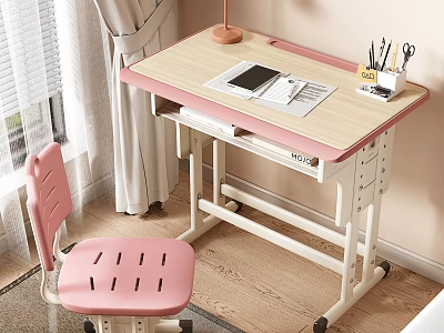 Adjustable Pink Children's Desk with Chair Lamp and Stationery for Kids Room 3d model