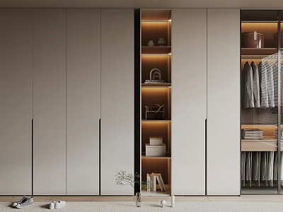 Modern Wardrobe Interior Design With Closed Cabinets Open Shelves Lighting And Hanging Clothes 3d model