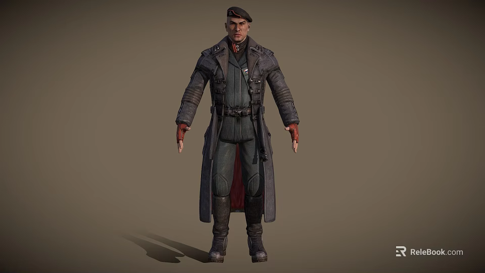 A Man In Dark Tactical Gear With Long Coat Cap Leather Gloves And Boots 3d model 