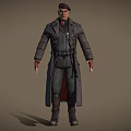 A Man In Dark Tactical Gear With Long Coat Cap Leather Gloves And Boots
