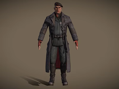 A Man In Dark Tactical Gear With Long Coat Cap Leather Gloves And Boots 3d model
