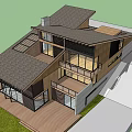 Modern Detached Villa With Wooden Facade Large Glass Windows And Balcony