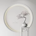 Elegant Bonsai Plant with Red Leaves Shaped Trunk and Chinese Pavilion on Small Table