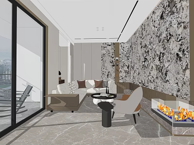 Modern Living Room Interior With Sofa Coffee Table Fireplace Decorative Wall And Large Windows 3d model