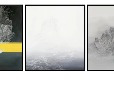 Abstract Wall Art Paintings With Gray Tones Yellow Accent And Cloudy Lines 3d model