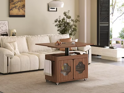 Brown Wooden Coffee Table With Wheels Glass Door Cabinets And Fruits In Living Room 3d model