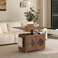 Brown Wooden Coffee Table With Wheels Glass Door Cabinets And Fruits In Living Room