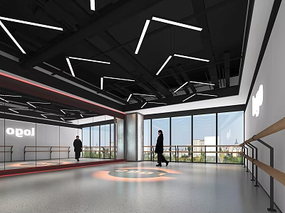 Modern Fitness Workout Space With Geometric Ceiling Lights Large Windows And Ogoi Logo 3d model