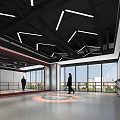 Modern Fitness Workout Space With Geometric Ceiling Lights Large Windows And Ogoi Logo