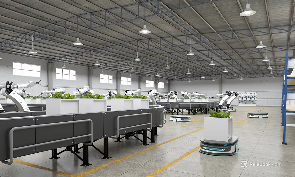 Automated Factory Interior With Robotic Arms Conveyor Belts Plant Troughs And Mobile Robots 3d model 