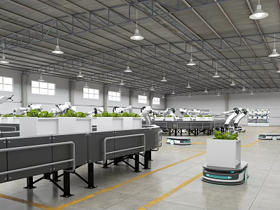 Automated Factory Interior With Robotic Arms Conveyor Belts Plant Troughs And Mobile Robots 3d model
