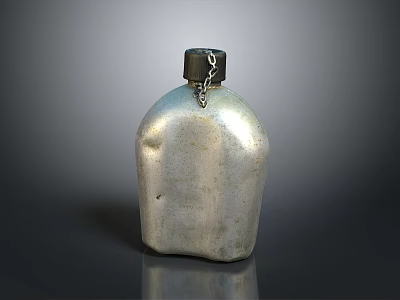 Silver Vintage Water Flask With Black Lid And Chain For Daily Use 3d model