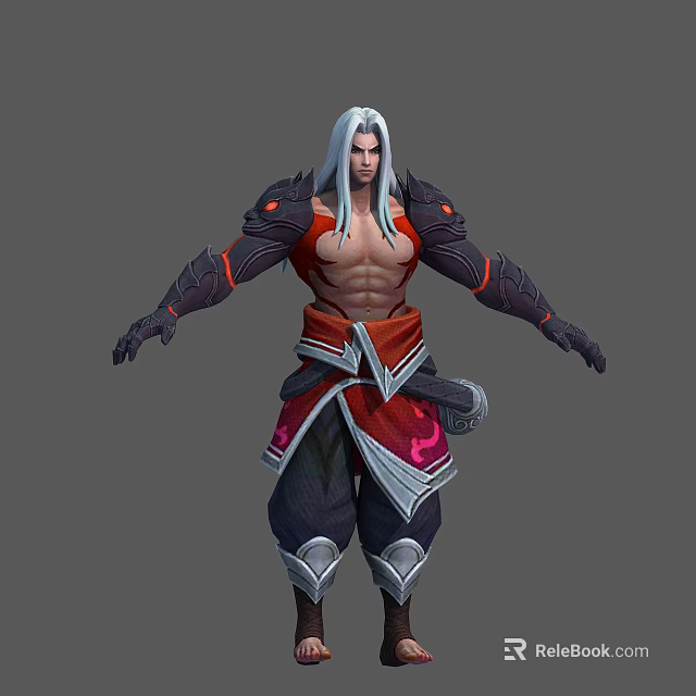 White Haired Male Character 3D Model With Muscular Build Red Black Attire And Arm Decorations 3d model 