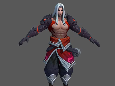White Haired Male Character 3D Model With Muscular Build Red Black Attire And Arm Decorations 3d model