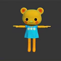 Cute Yellow Bear 3D Animated Game Character With Red Ears Blue Dress And Outstretched Arms