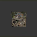 Cartoon Scenic Model With House Solar Panels Trees Cactus Watermill Small Train Rocky Ground Fence