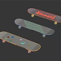 Stylish Colorful Skateboards With Three Different Graphic Designs And Colored Wheels
