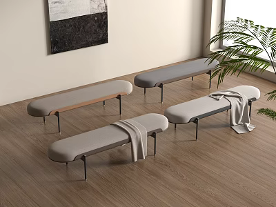 Minimalist Gray and Beige Upholstered Stools with Metal Legs for Indoor Space 3d model