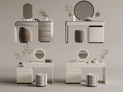 Modern Dressing Table Designs With Round Mirror Stool Drawers And Decorative Plants 3d model
