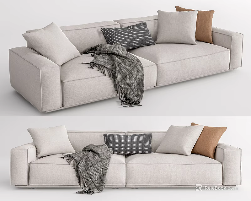 Modern Light Gray Fabric Two Seater Sofa With Decorative Pillows And Plaid Blanket 3d model 