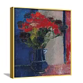 Vibrant Botanical Painting Featuring Blue Vase Red Dark Flowers and Golden Frame