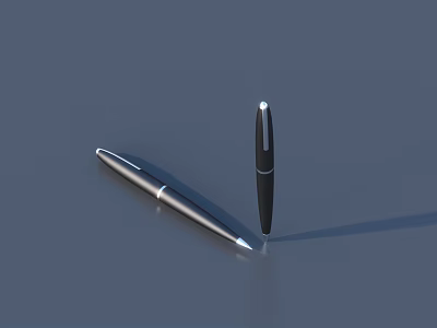 Two Black And Silver Pens One Standing Upright And One Lying Flat On Gray Background 3d model