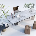Modern Interior Design Desk With Marble Top Chair Potted Plants Side Table Stools 3d model