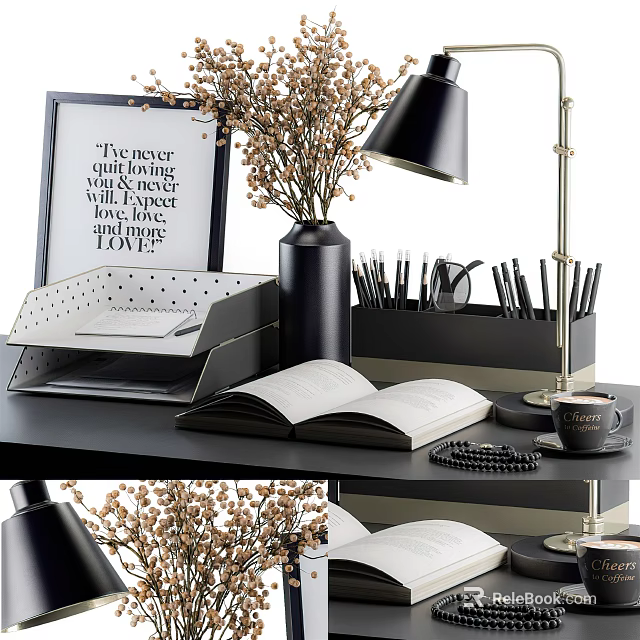 Modern Office Desk Workspace With Black Lamp Vase Notebook Pens And Coffee Cup 3d model 