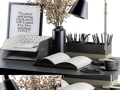 Modern Office Desk Workspace With Black Lamp Vase Notebook Pens And Coffee Cup 3d model