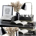 Modern Office Desk Workspace With Black Lamp Vase Notebook Pens And Coffee Cup
