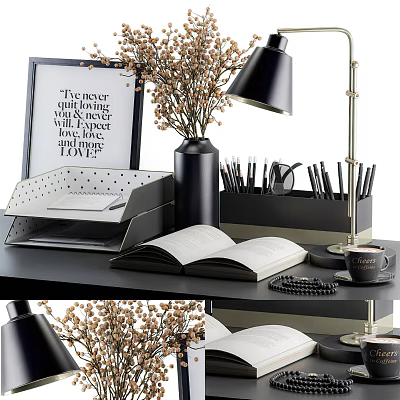 Modern Office Desk Workspace With Black Lamp Vase Notebook Pens And Coffee Cup 3d model